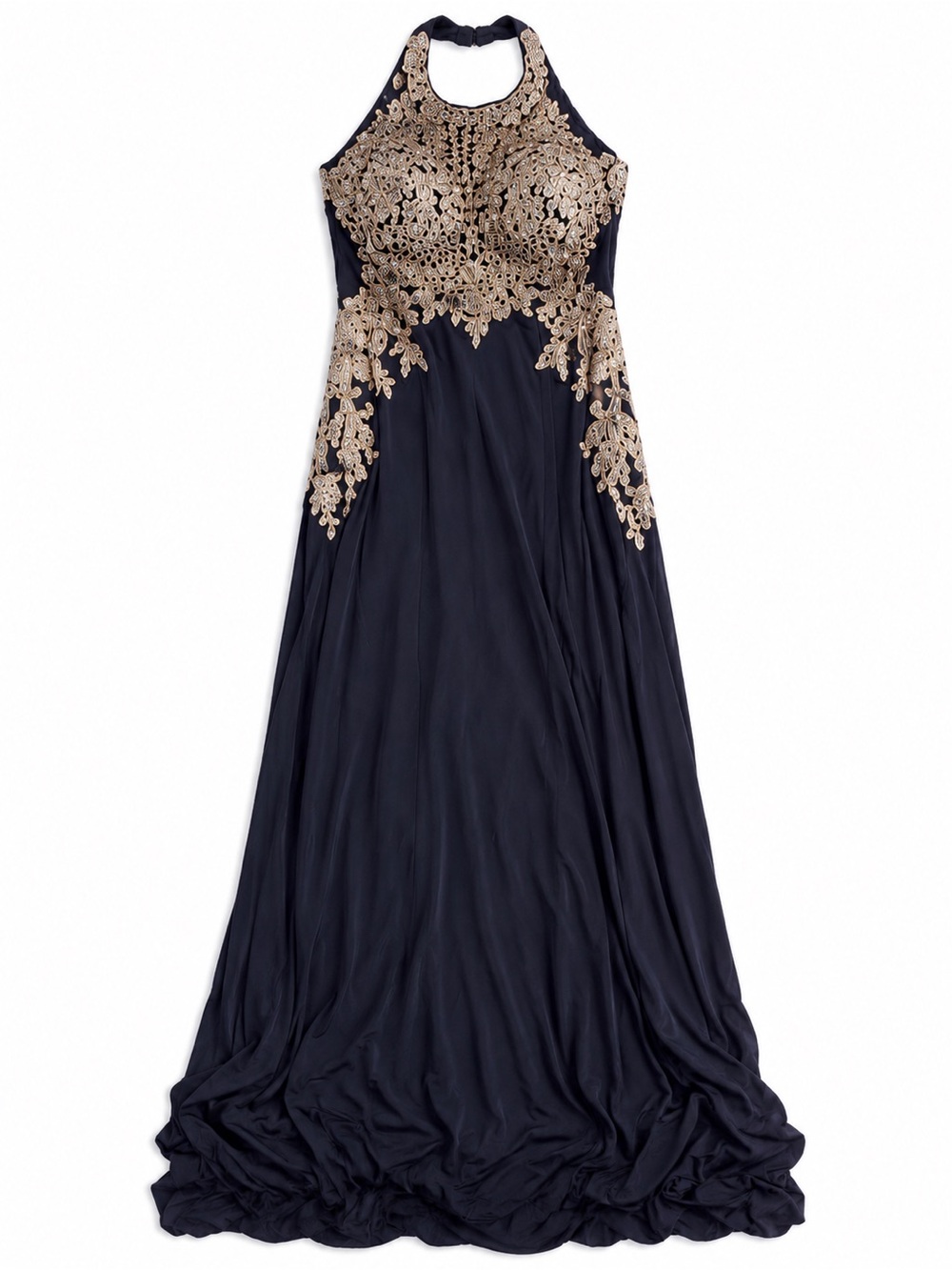 Black  Halter Evening Gown with Gold Lace Appliqué - Picture 4 of 5